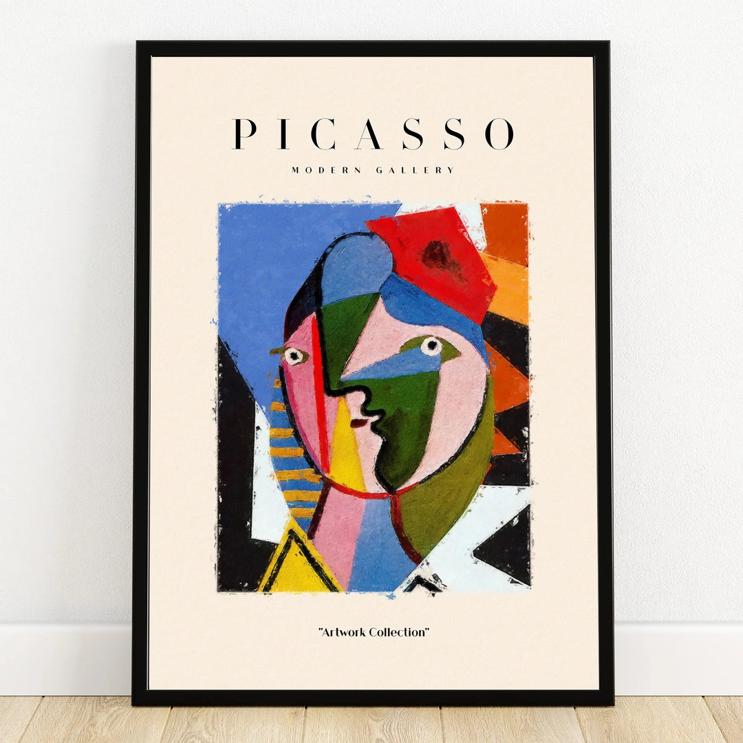 Abstract cubist art print in black frame, colorful geometric face design on wall decor poster