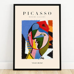 Abstract cubist art print in black frame, colorful geometric face design on wall decor poster