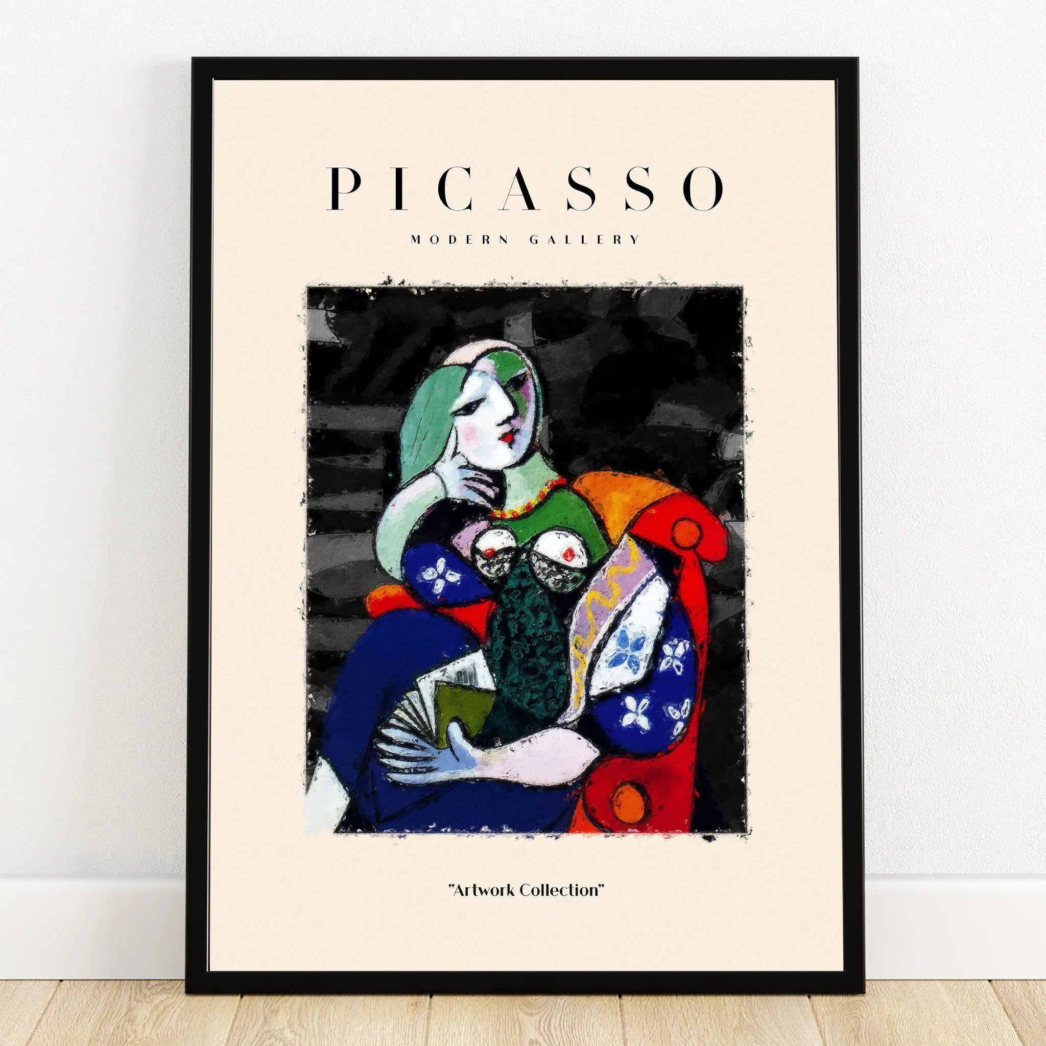 Framed Picasso-style abstract art print of a woman in colorful clothing, modern wall decor.
