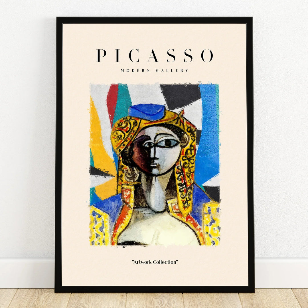 Framed Picasso-inspired abstract portrait print with colorful geometric background for wall art