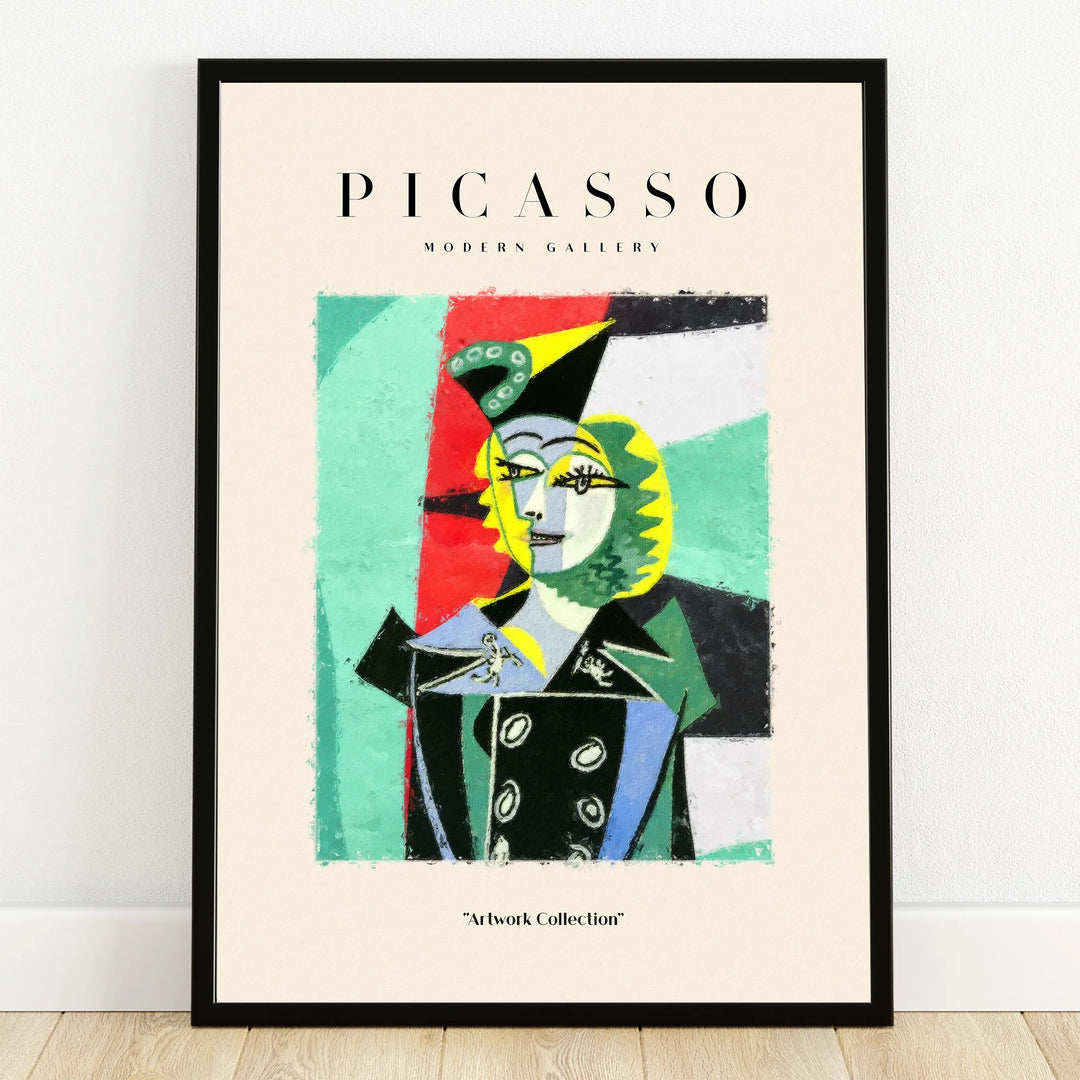 Cubist abstract portrait wall art print in black frame, modern colorful geometric design