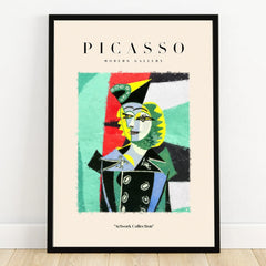 Cubist abstract portrait wall art print in black frame, modern colorful geometric design