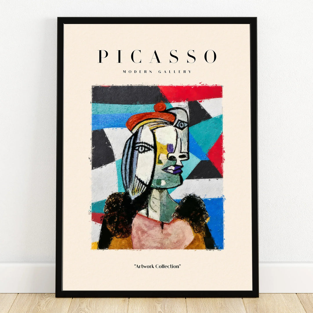 Framed abstract art print in cubist style with colorful geometric background