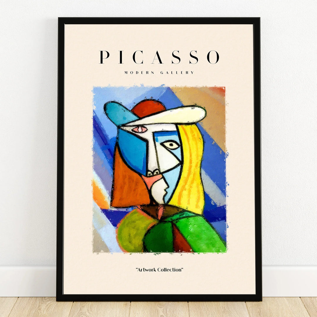 Framed Picasso abstract portrait wall art print with bold colors and modern gallery style