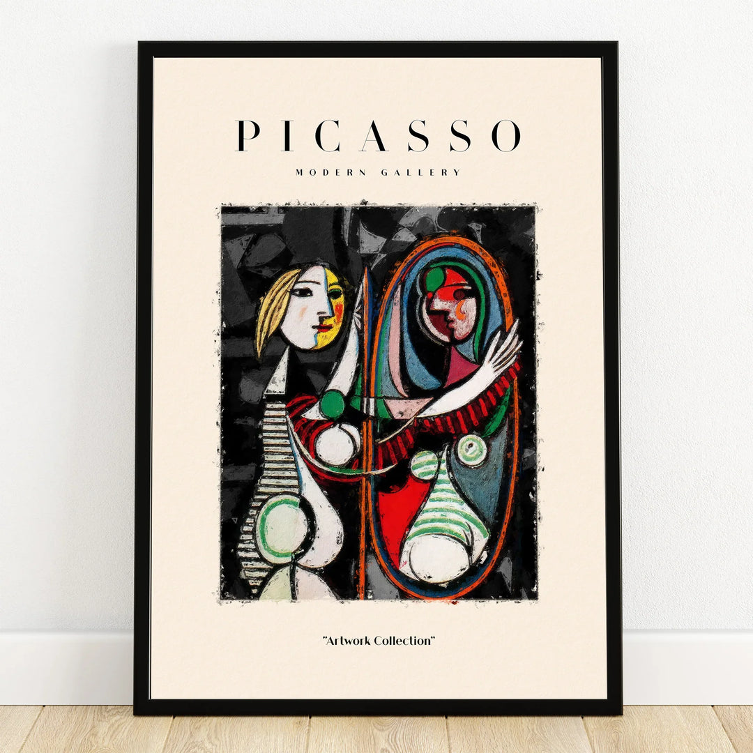 Framed Pablo Picasso style abstract wall art print with colorful cubist figures