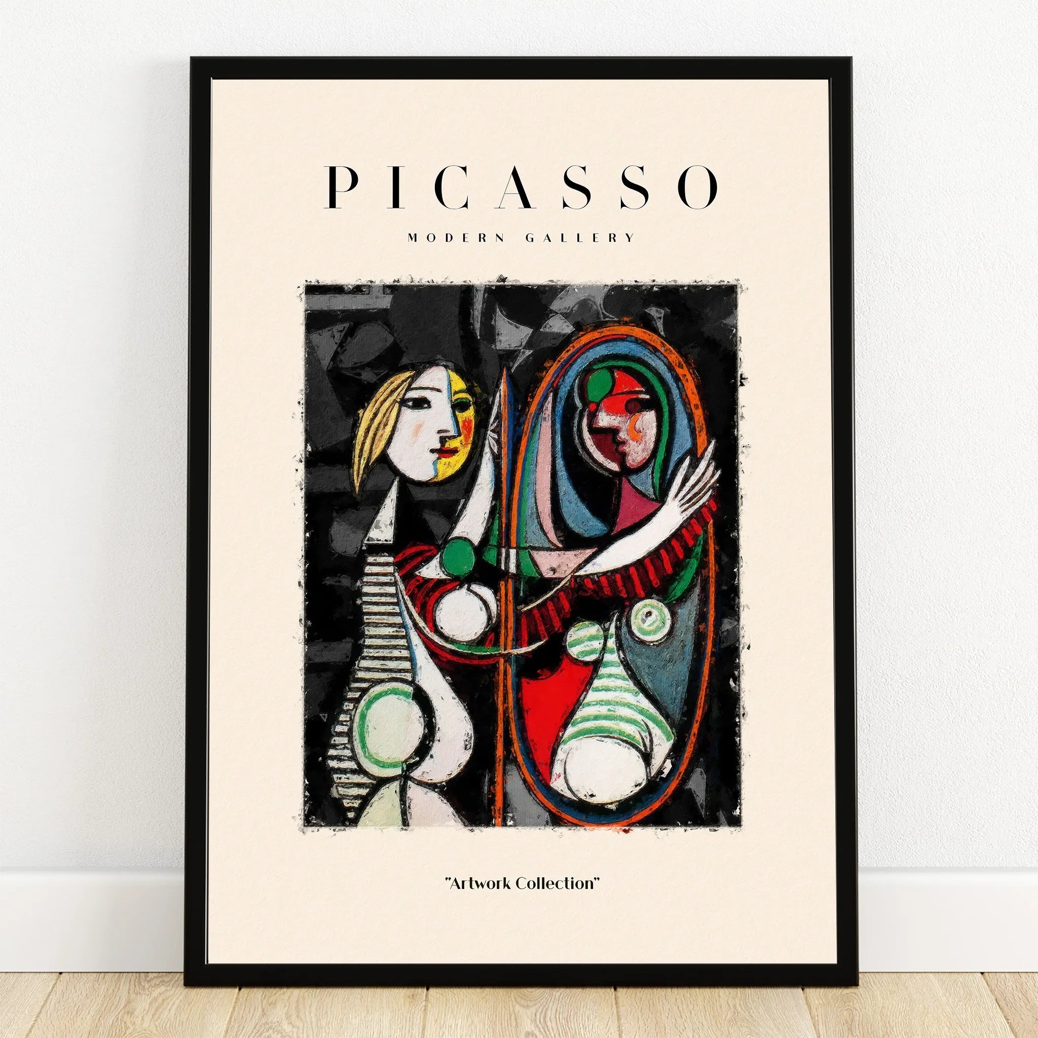 Framed Pablo Picasso style abstract wall art print with colorful cubist figures