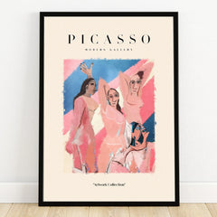 Framed Picasso-inspired abstract wall art print featuring five nude figures in pink and blue tones.
