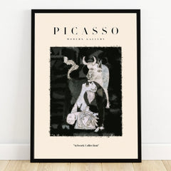 Framed Picasso-inspired modern art print with abstract bull and figures, neutral background.