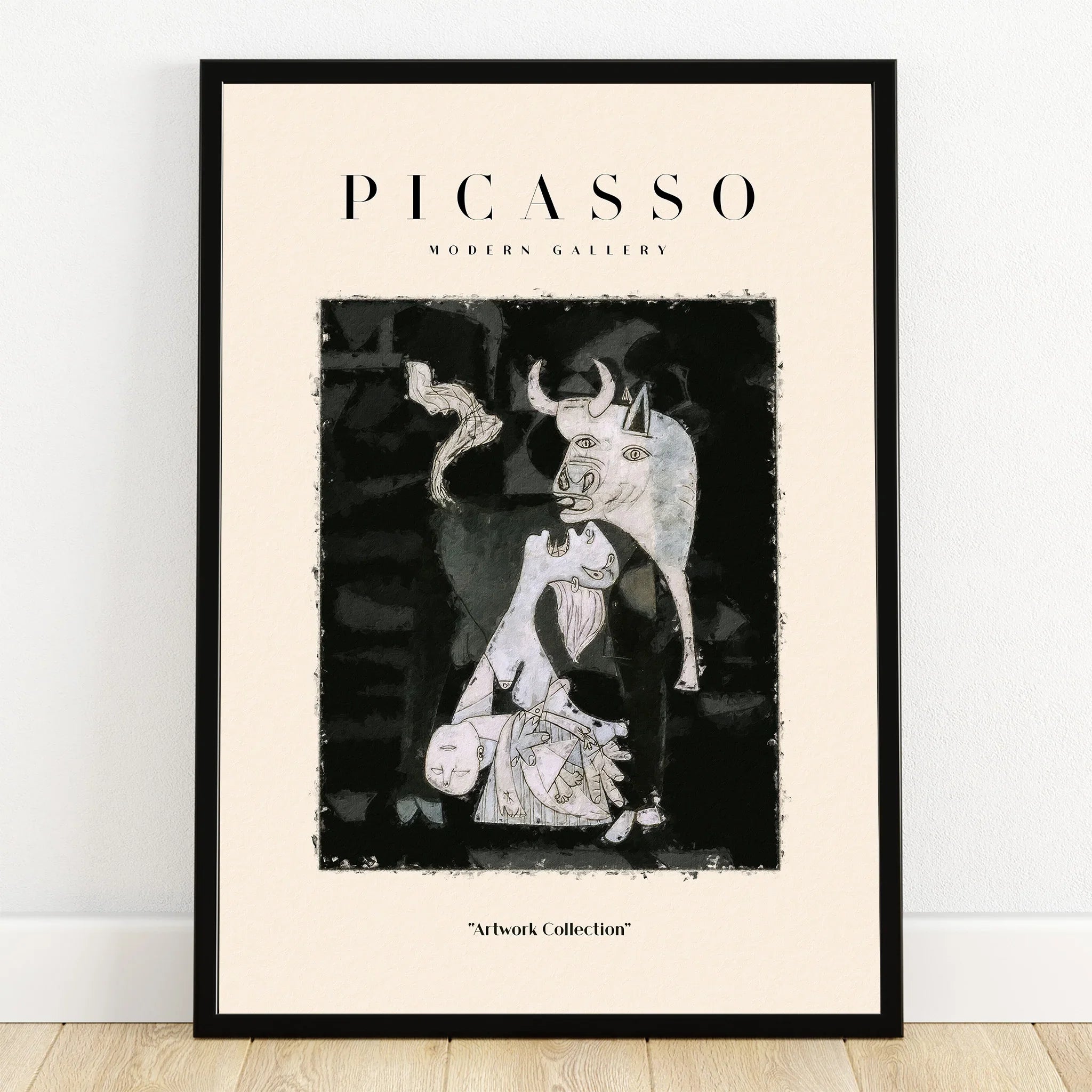 Framed Picasso-inspired modern art print with abstract bull and figures, neutral background.