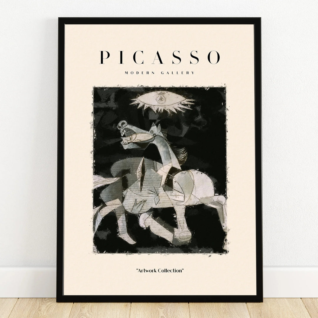 Framed Picasso-style black and white abstract art print, horse and eye, modern wall decor