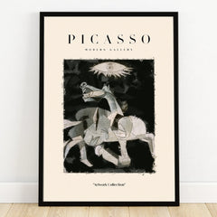 Framed Picasso-style black and white abstract art print, horse and eye, modern wall decor