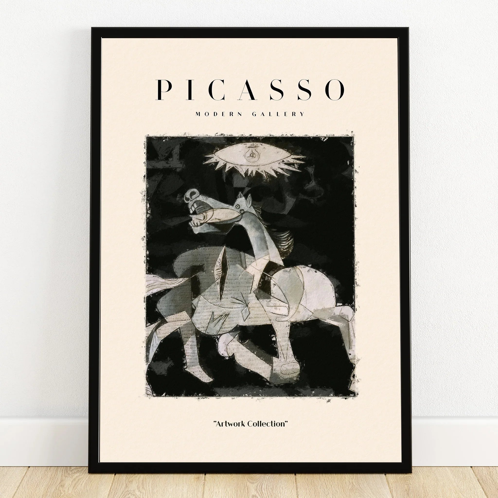 Framed Picasso-style black and white abstract art print, horse and eye, modern wall decor