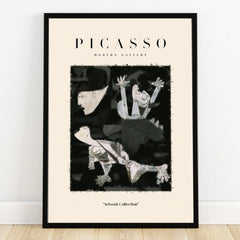Framed Picasso modern abstract art print with black and white surrealist figures on wall