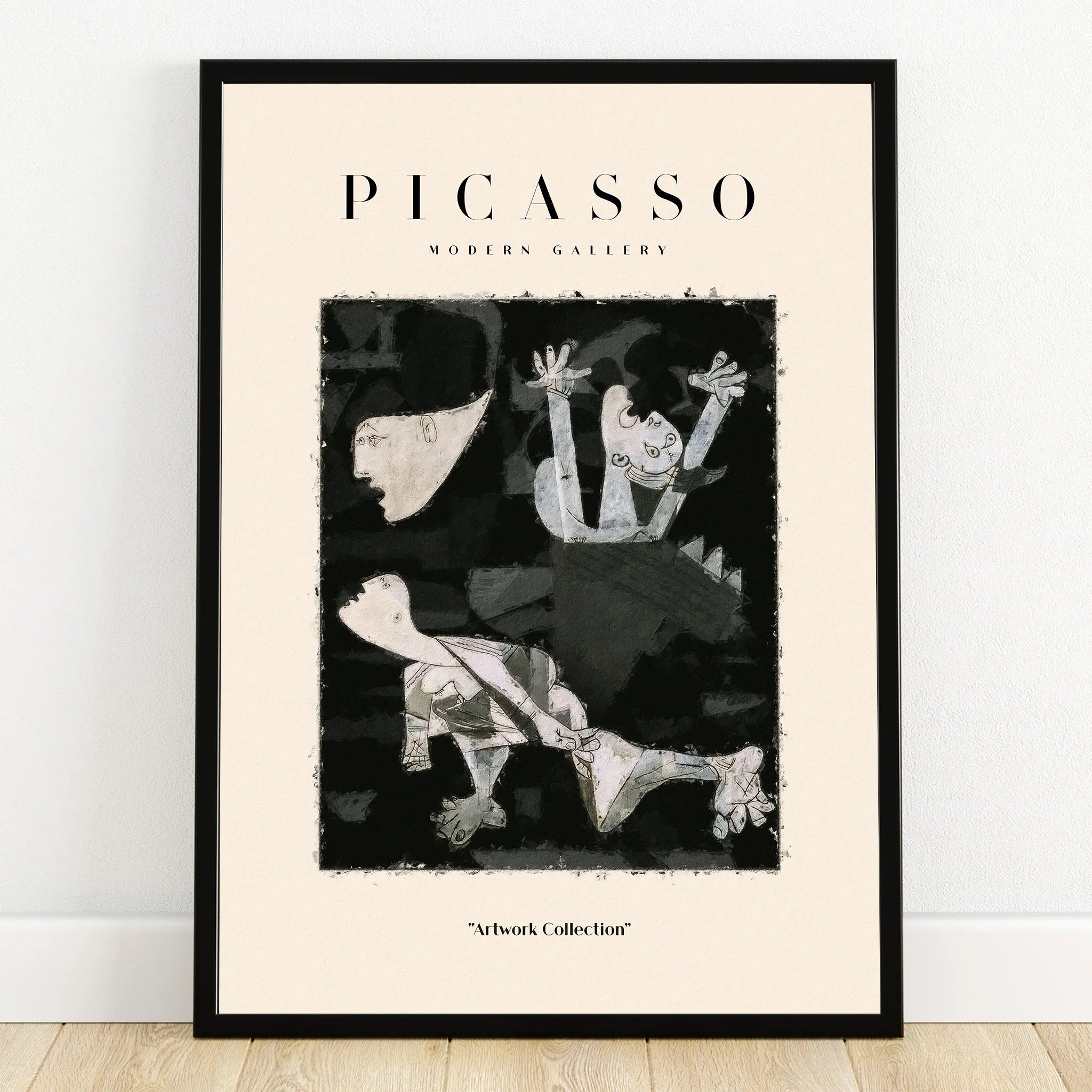 Framed Picasso modern abstract art print with black and white surrealist figures on wall
