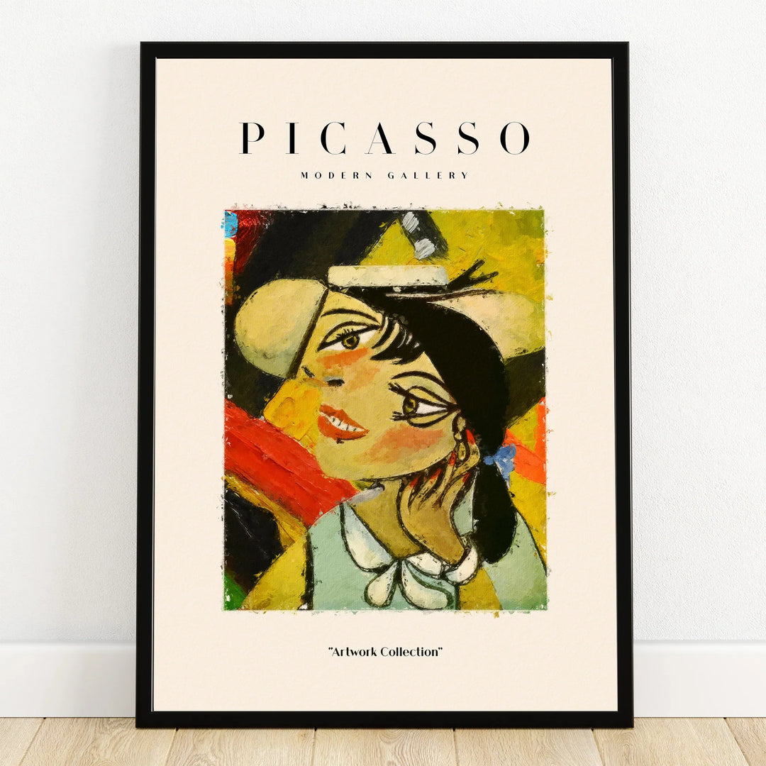 Framed Picasso-style wall art print featuring a colorful abstract portrait of a woman