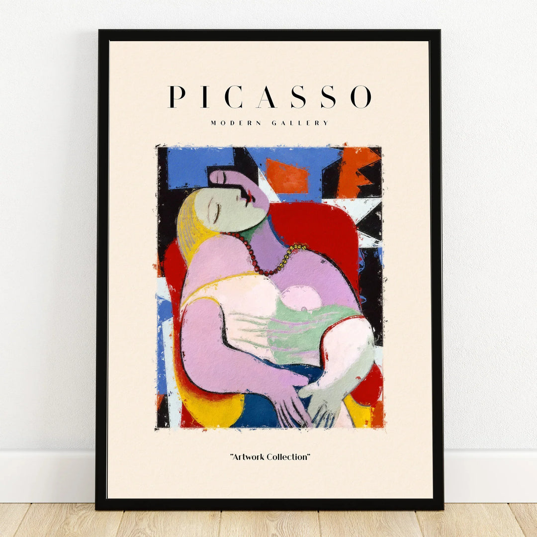 Framed wall art print with abstract portrait inspired by Picasso, modern gallery decor poster.
