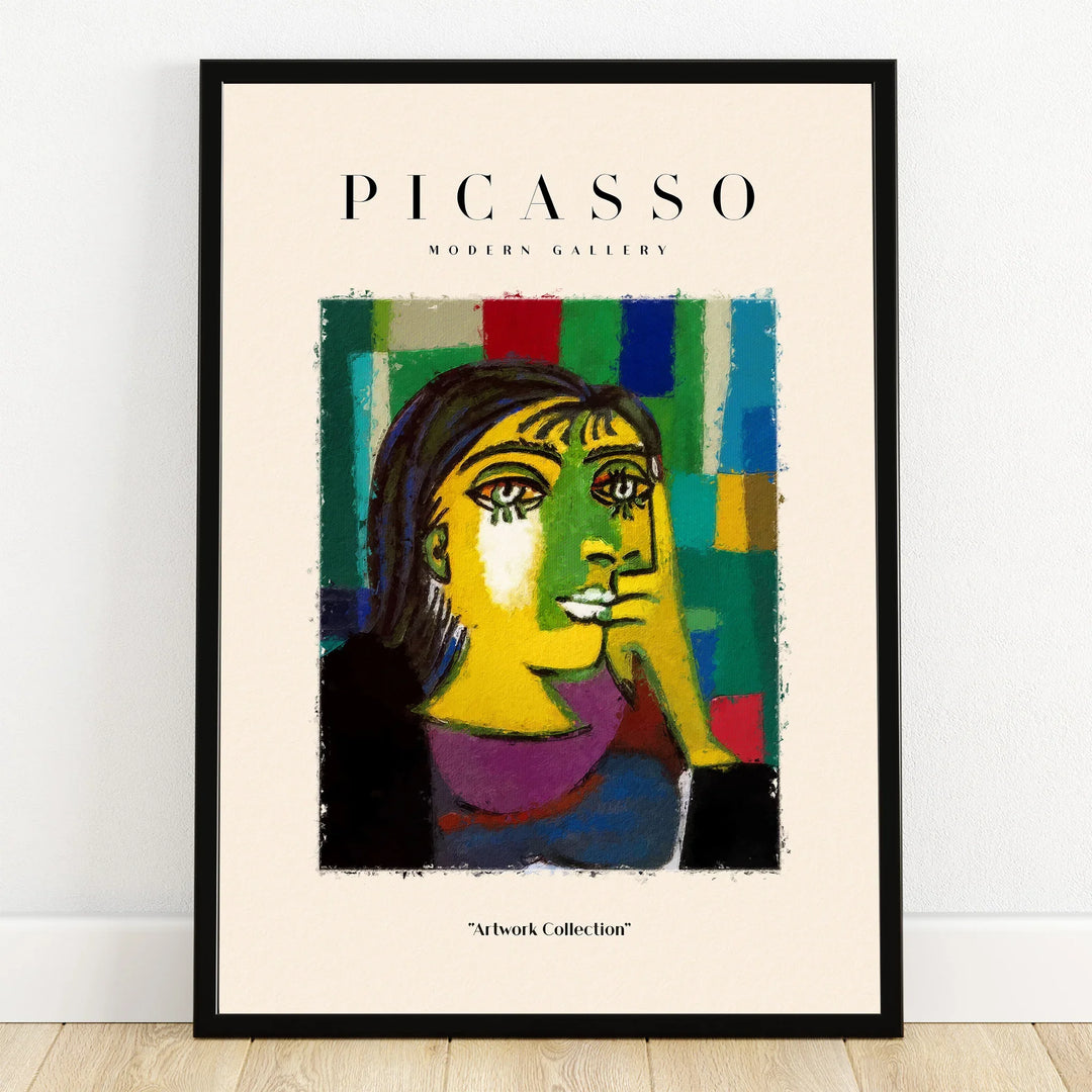 Framed Picasso-style abstract wall art print featuring a colorful cubist portrait