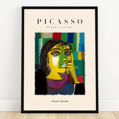 Framed Picasso-style abstract wall art print featuring a colorful cubist portrait