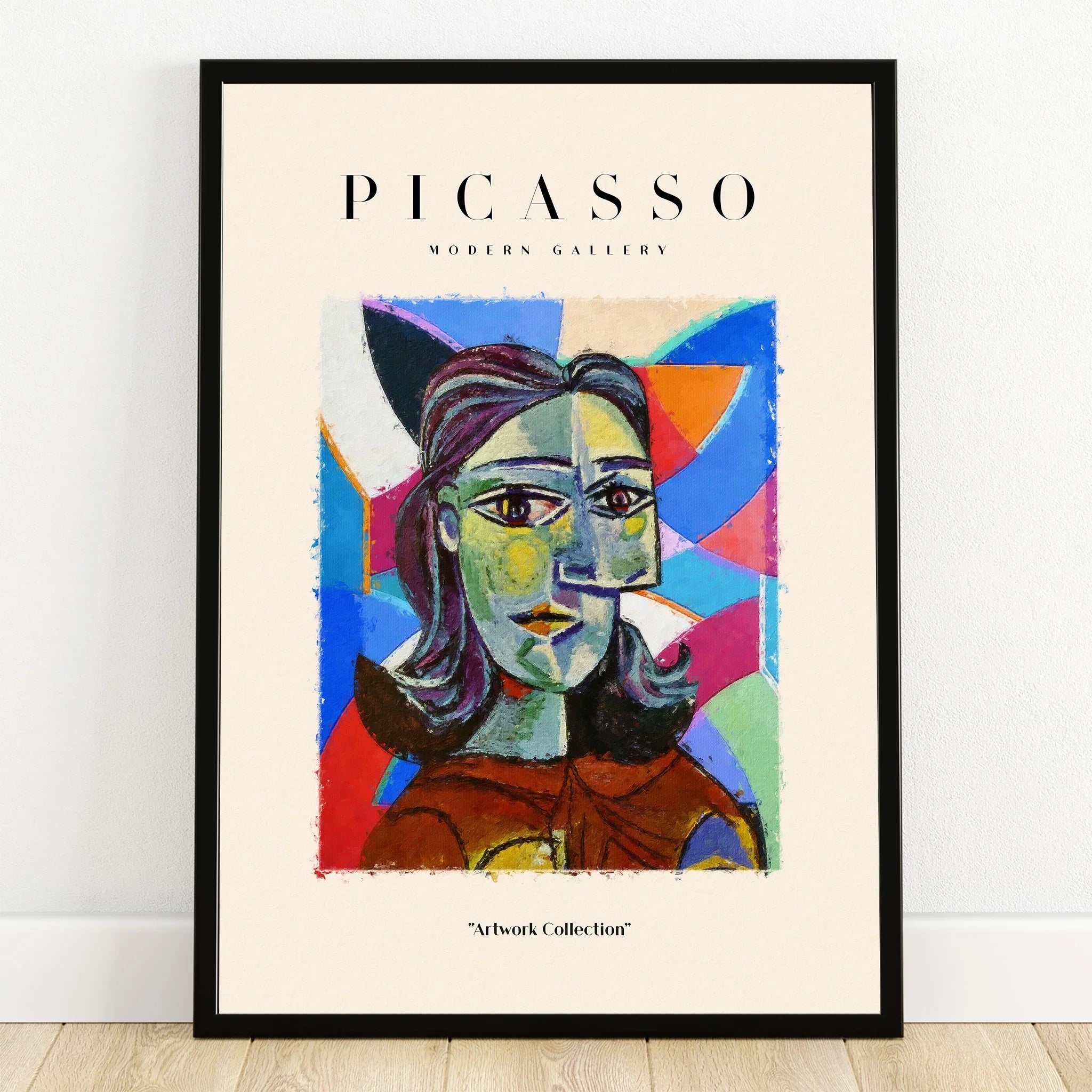 Framed Picasso-style abstract portrait wall art with bold colors and geometric shapes