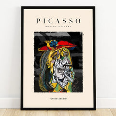 Framed modern art print featuring Picasso’s colorful cubist portrait with gallery text.