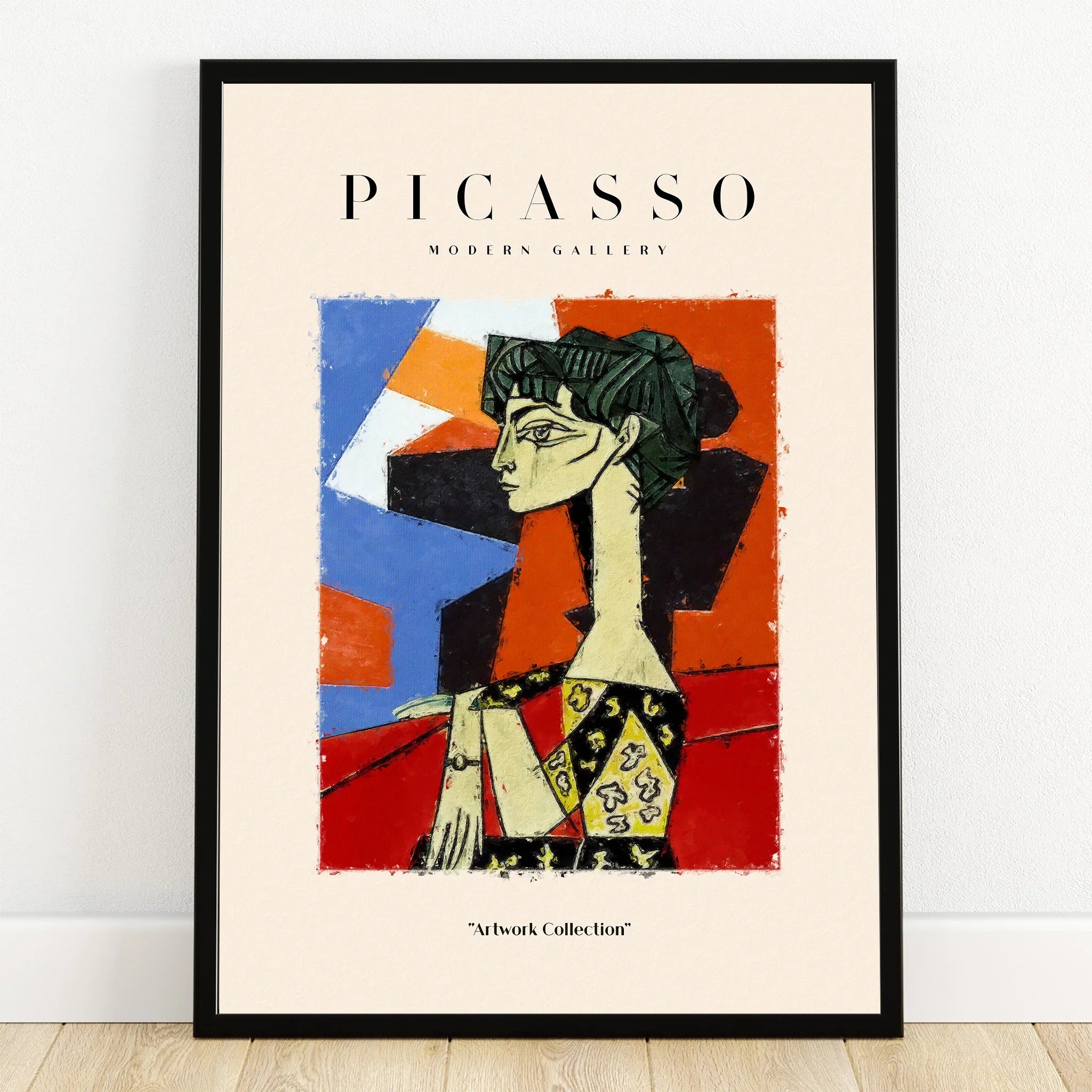 Framed Picasso-inspired abstract wall art print with geometric patterns and a cubist woman