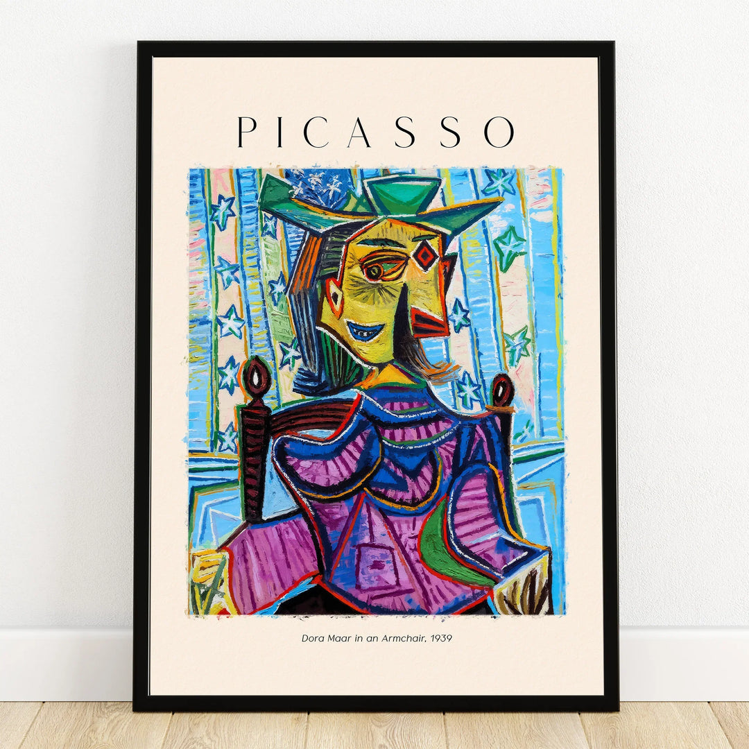Framed Picasso art print of abstract woman portrait in vibrant colors, modern wall decor