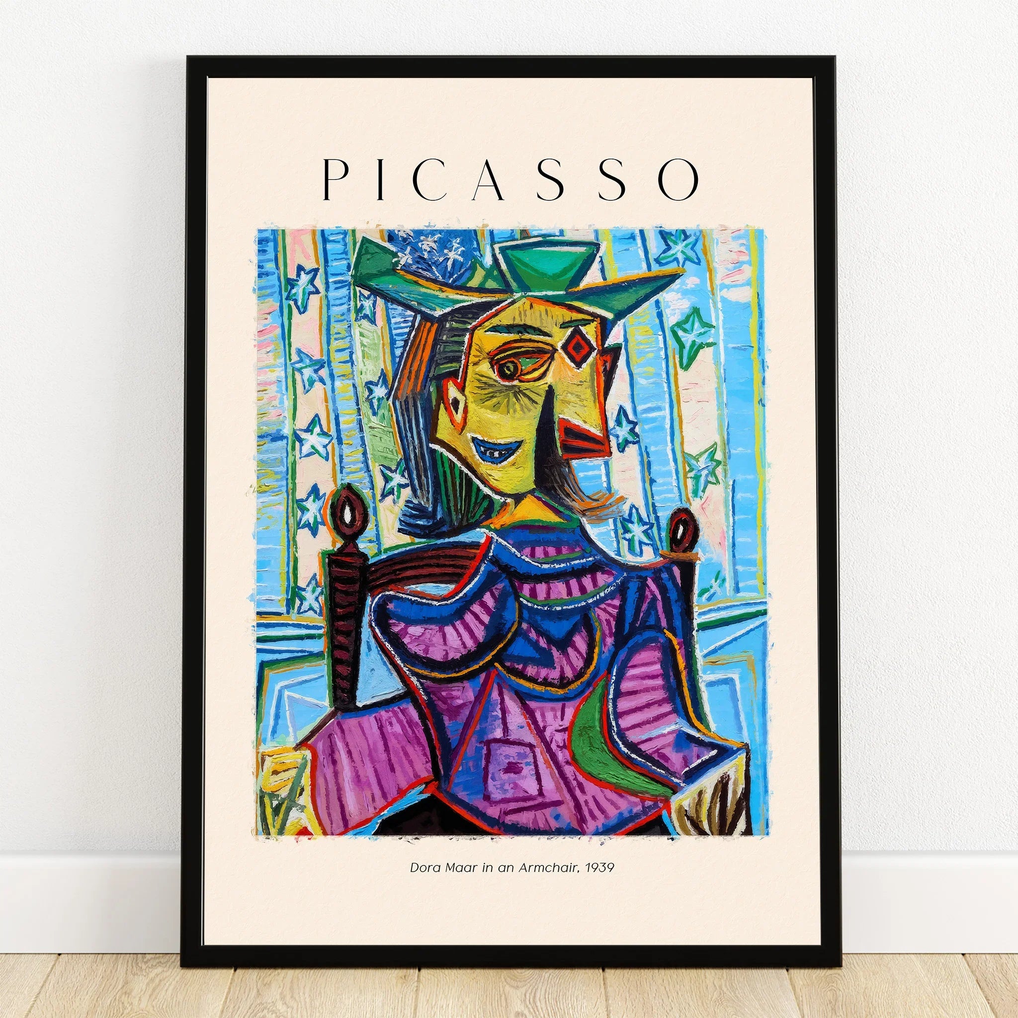 Framed Picasso art print of abstract woman portrait in vibrant colors, modern wall decor