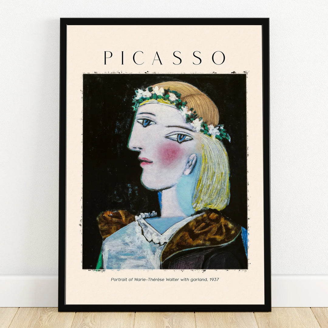 Framed Picasso art print of abstract woman with garland, modern wall decor