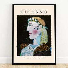 Framed Picasso art print of abstract woman with garland, modern wall decor