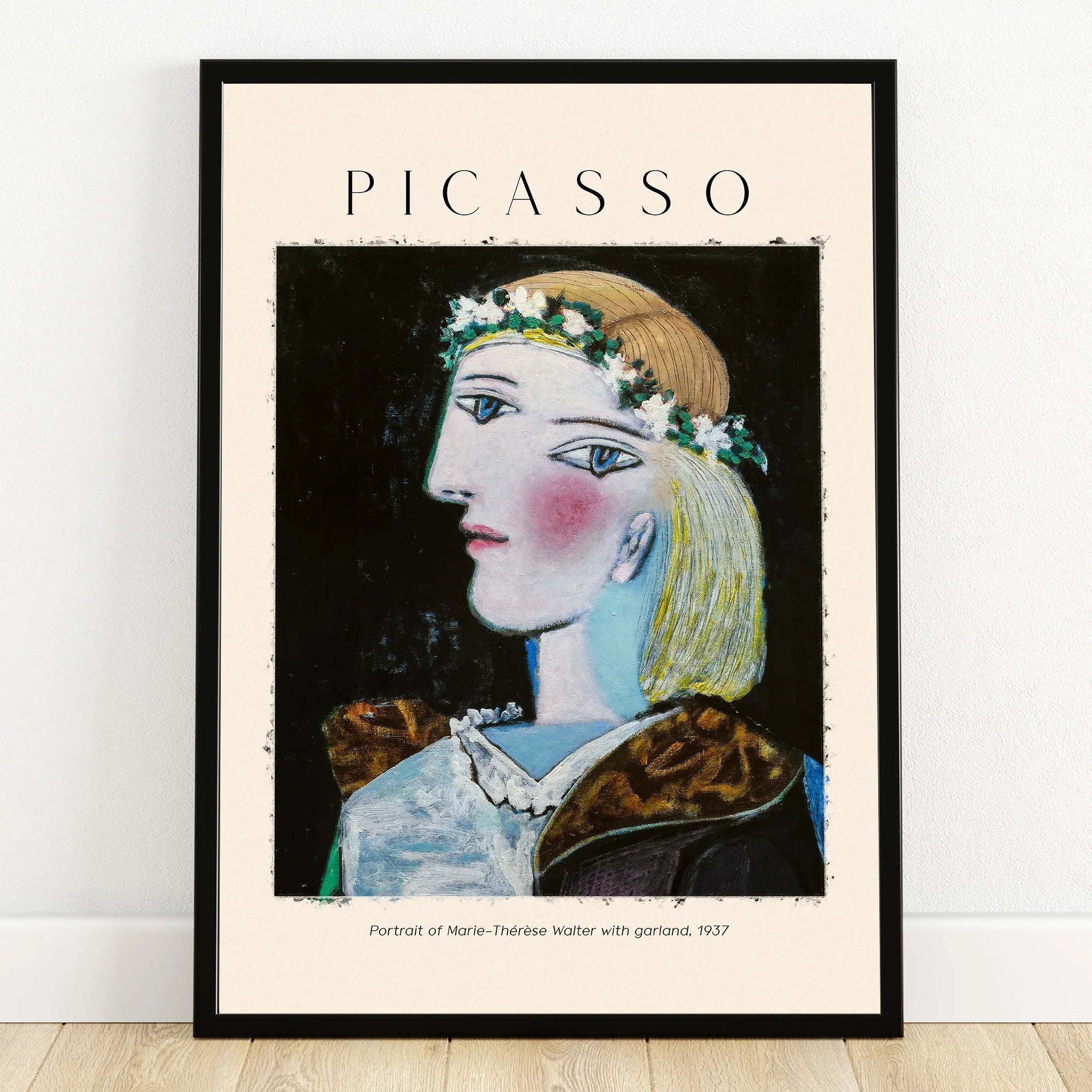 Framed Picasso art print of abstract woman with garland, modern wall decor
