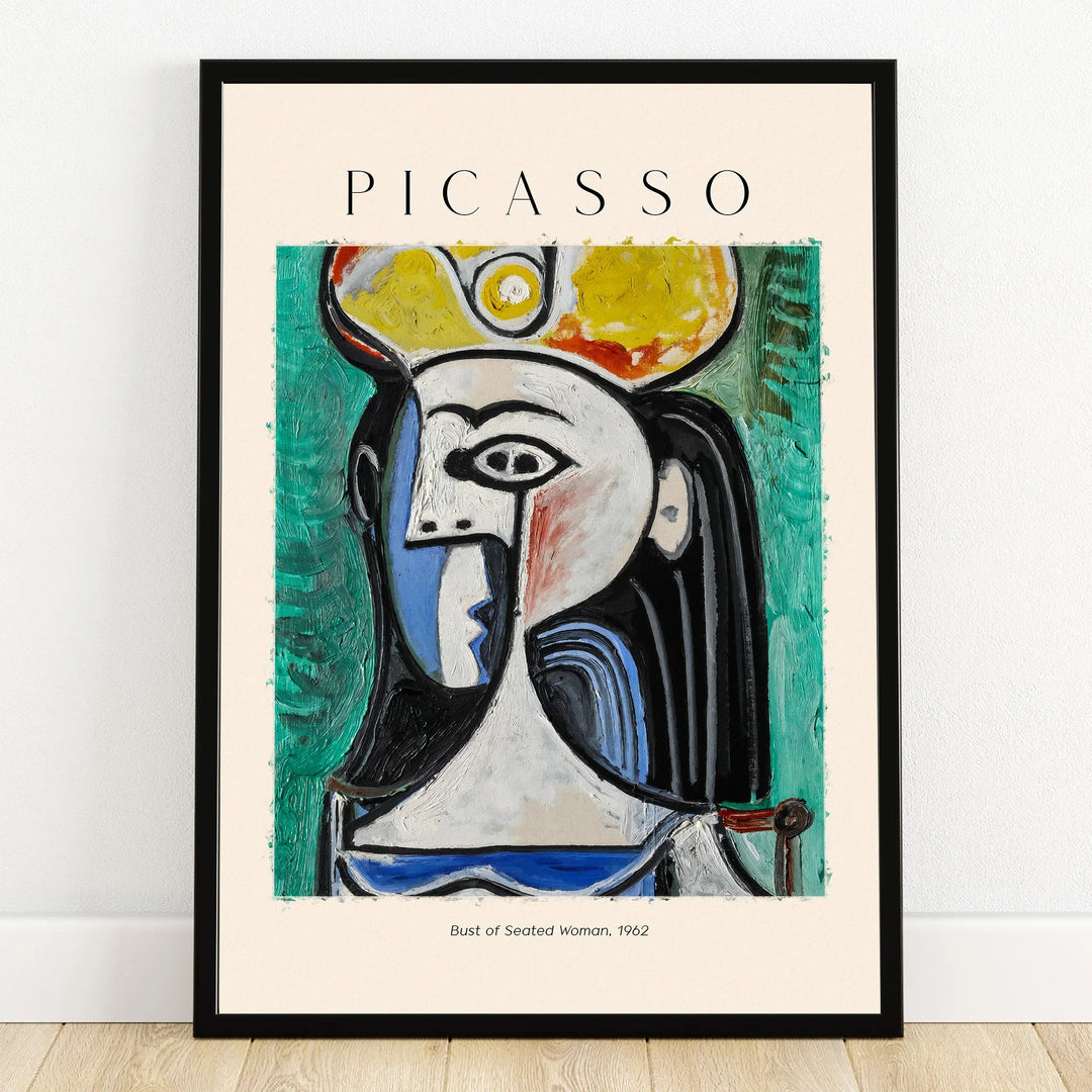 Framed Picasso style abstract art print, Bust of Seated Woman, colorful wall decor