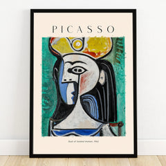 Framed Picasso style abstract art print, Bust of Seated Woman, colorful wall decor