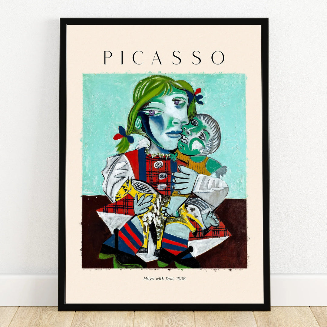 Framed Picasso art print, cubist portrait of woman with doll, modern wall decor