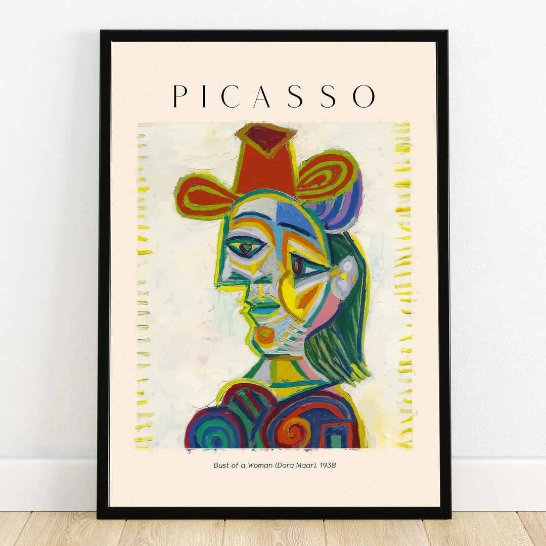 Framed Picasso art print featuring colorful cubist portrait of a woman, modern wall decor