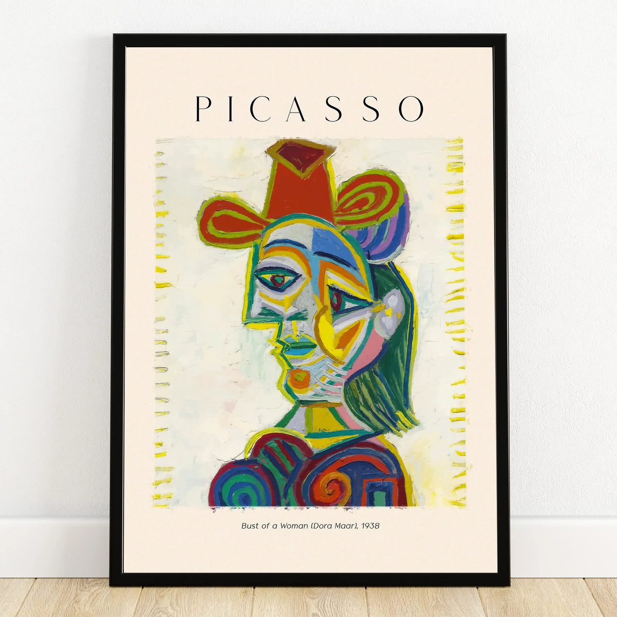 Framed Picasso art print featuring colorful cubist portrait of a woman, modern wall decor