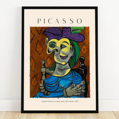 Framed Picasso abstract art print of Seated Woman in a Blue Dress, colorful wall decor
