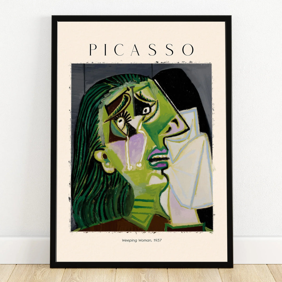 Framed Picasso Weeping Woman 1937 print with abstract green and purple face wall art