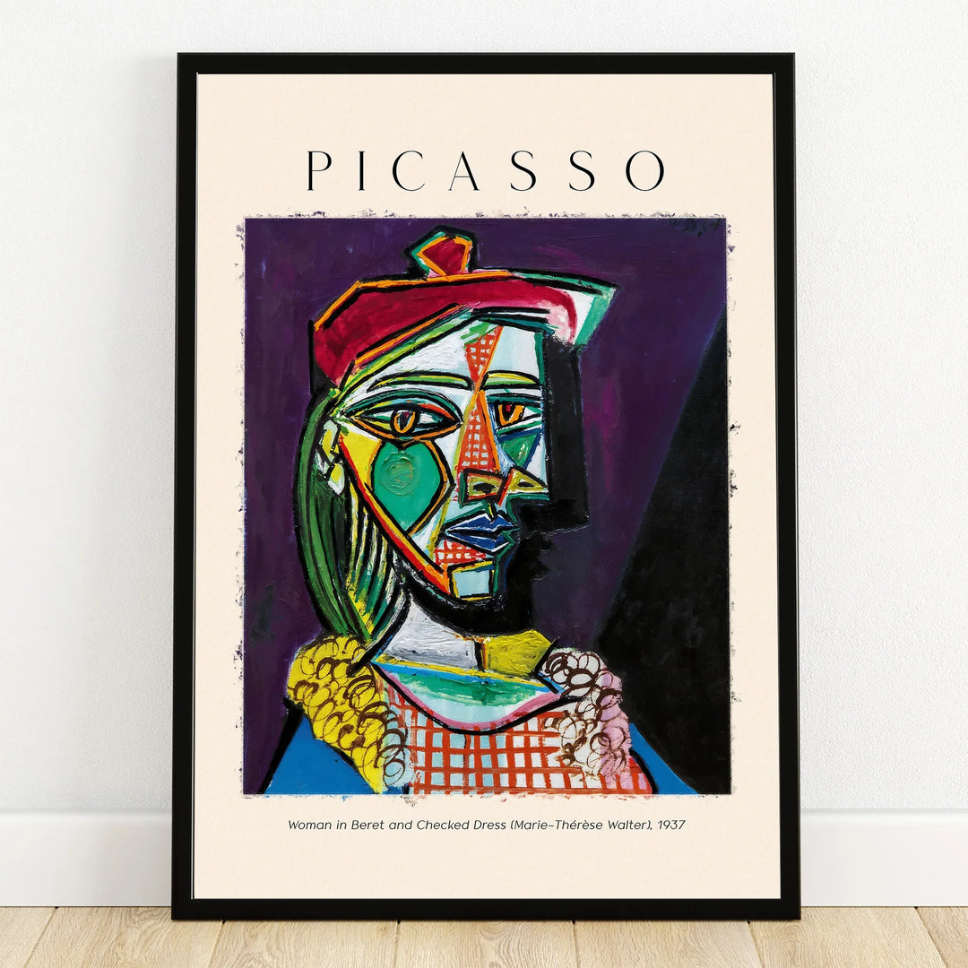 Framed Picasso art print, Woman in Beret and Checked Dress, modern abstract wall decor