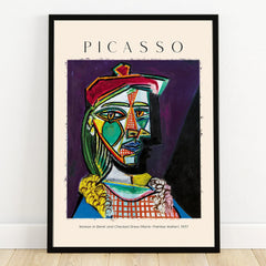 Framed Picasso art print, Woman in Beret and Checked Dress, modern abstract wall decor
