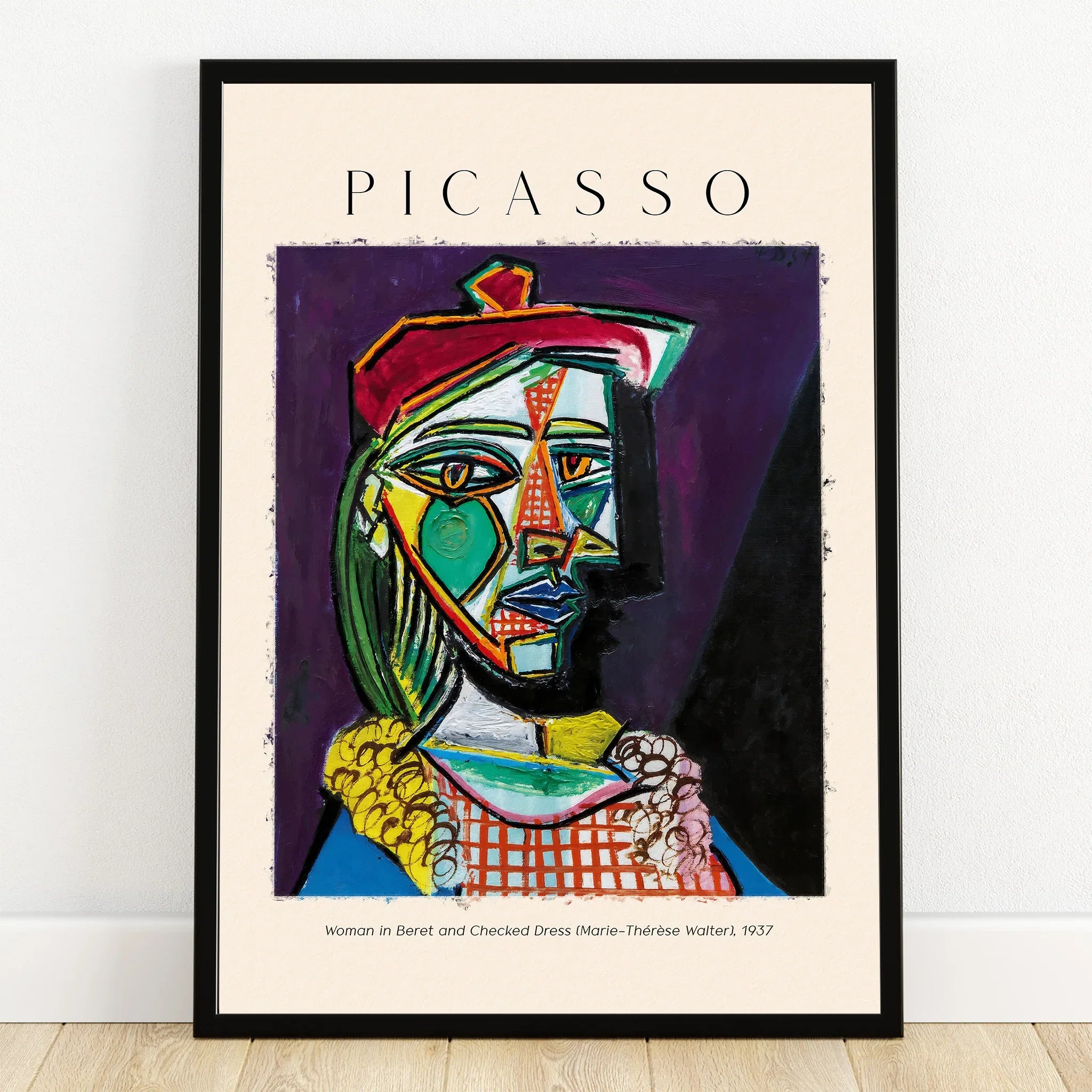 Framed Picasso art print, Woman in Beret and Checked Dress, modern abstract wall decor