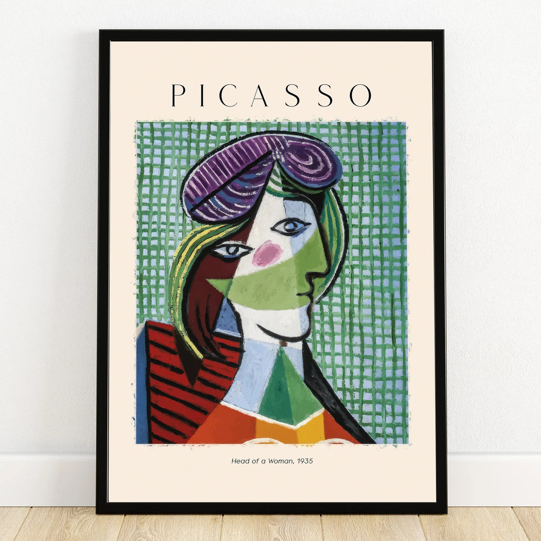 Cubist wall art print of a woman's head with geometric shapes, colorful Picasso style