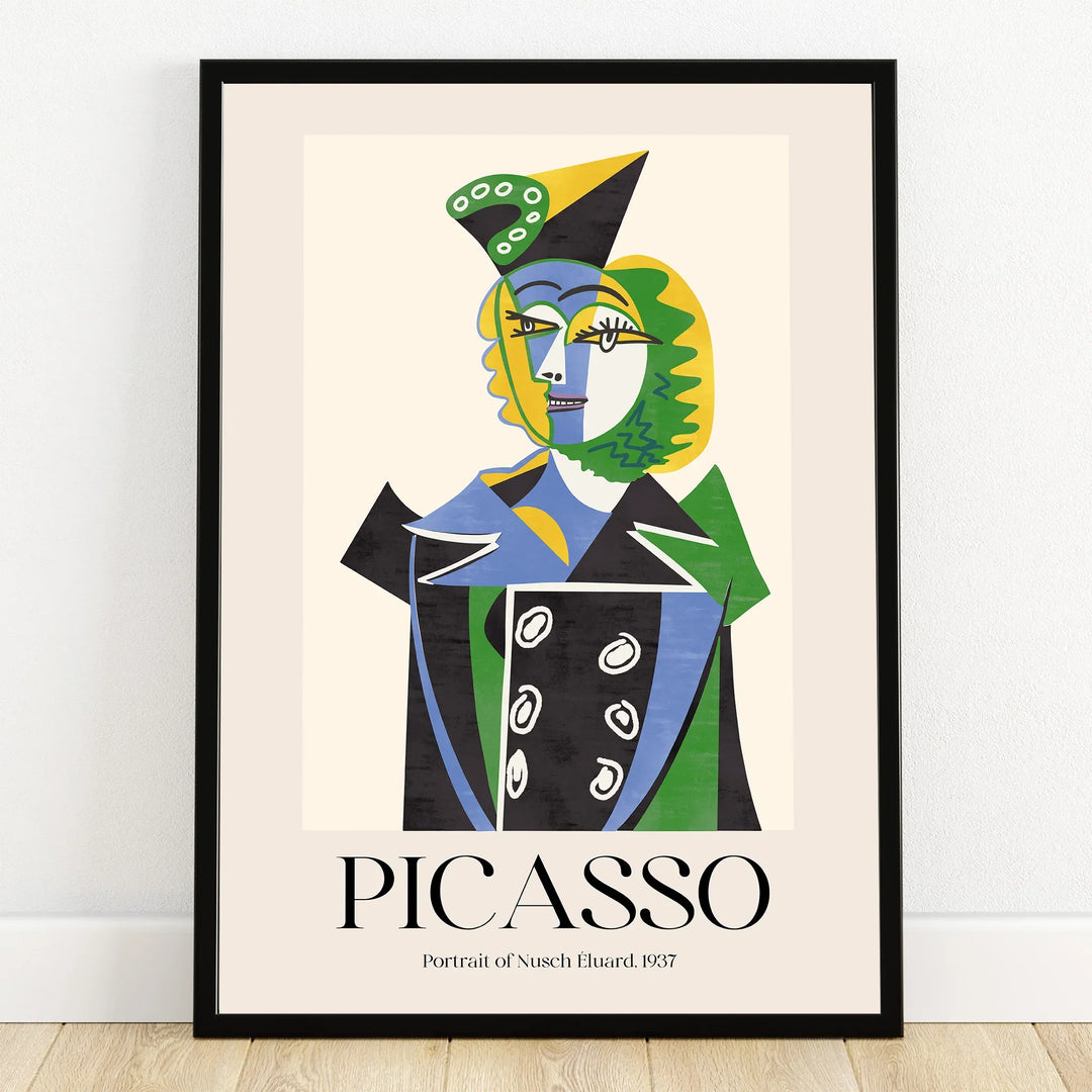 Framed Picasso Portrait of Nusch Eluard, abstract art print with cubist style in bold colors.