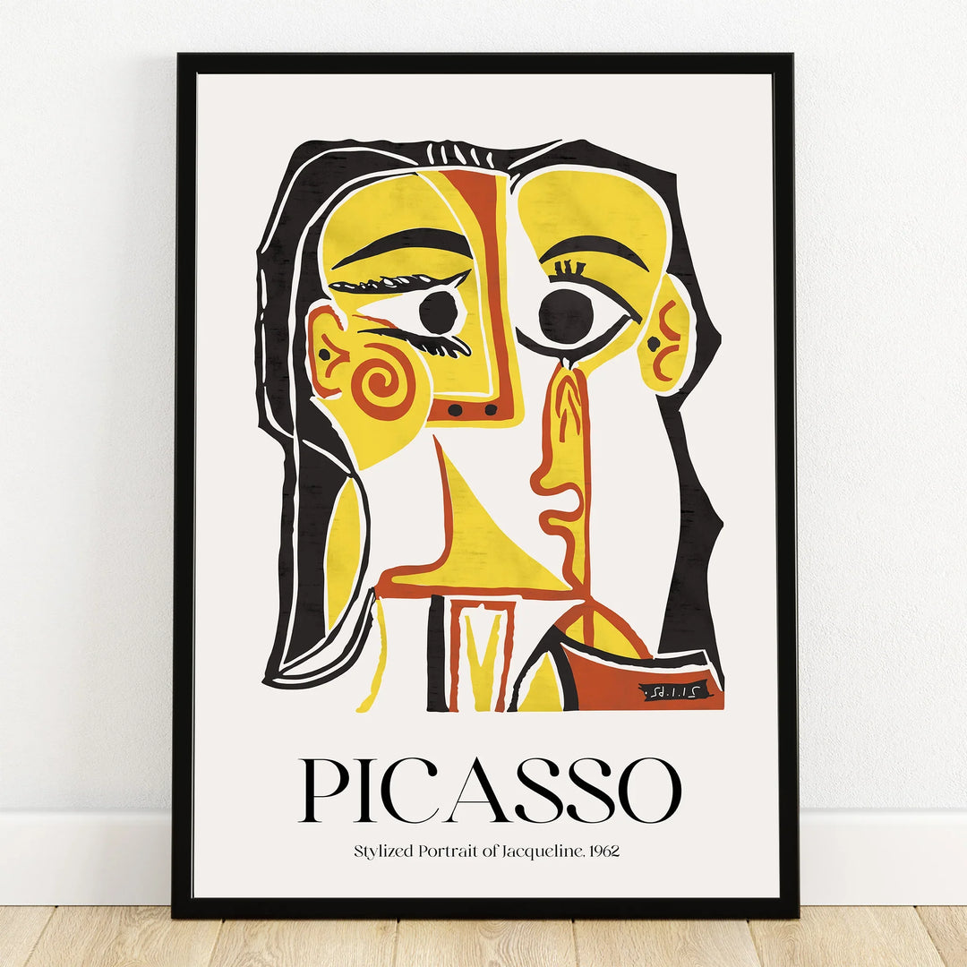 Framed Picasso-inspired abstract portrait print in yellow, black, and orange, wall art decor