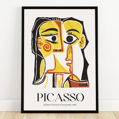 Framed Picasso-inspired abstract portrait print in yellow, black, and orange, wall art decor