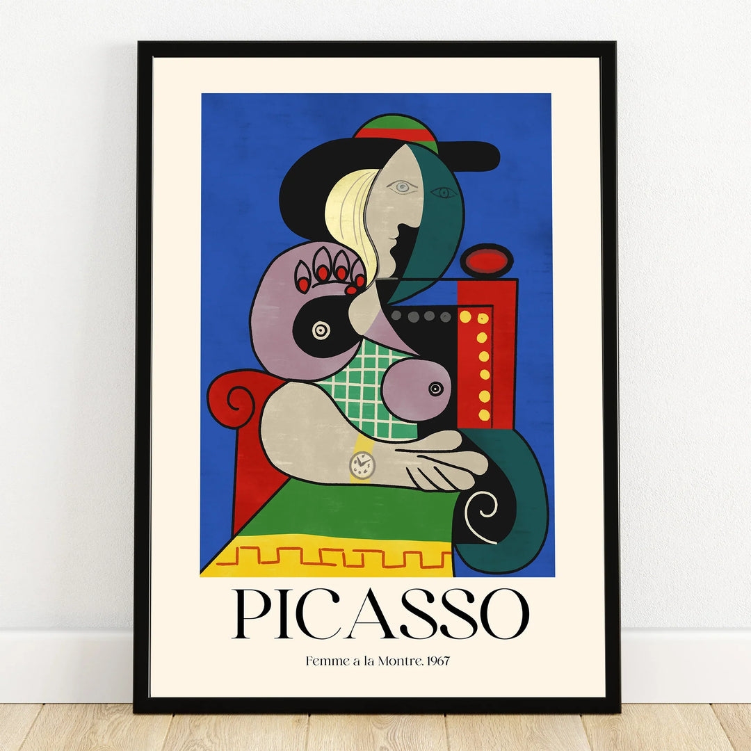 Framed Picasso-style abstract woman print, colorful geometric modern wall art, 1967 design