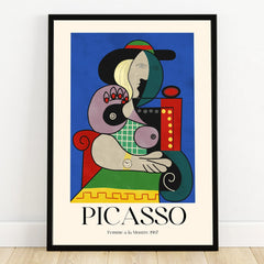 Framed Picasso-style abstract woman print, colorful geometric modern wall art, 1967 design
