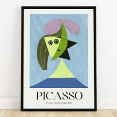 Framed Picasso Woman with Hat abstract art print against blue background for wall decor