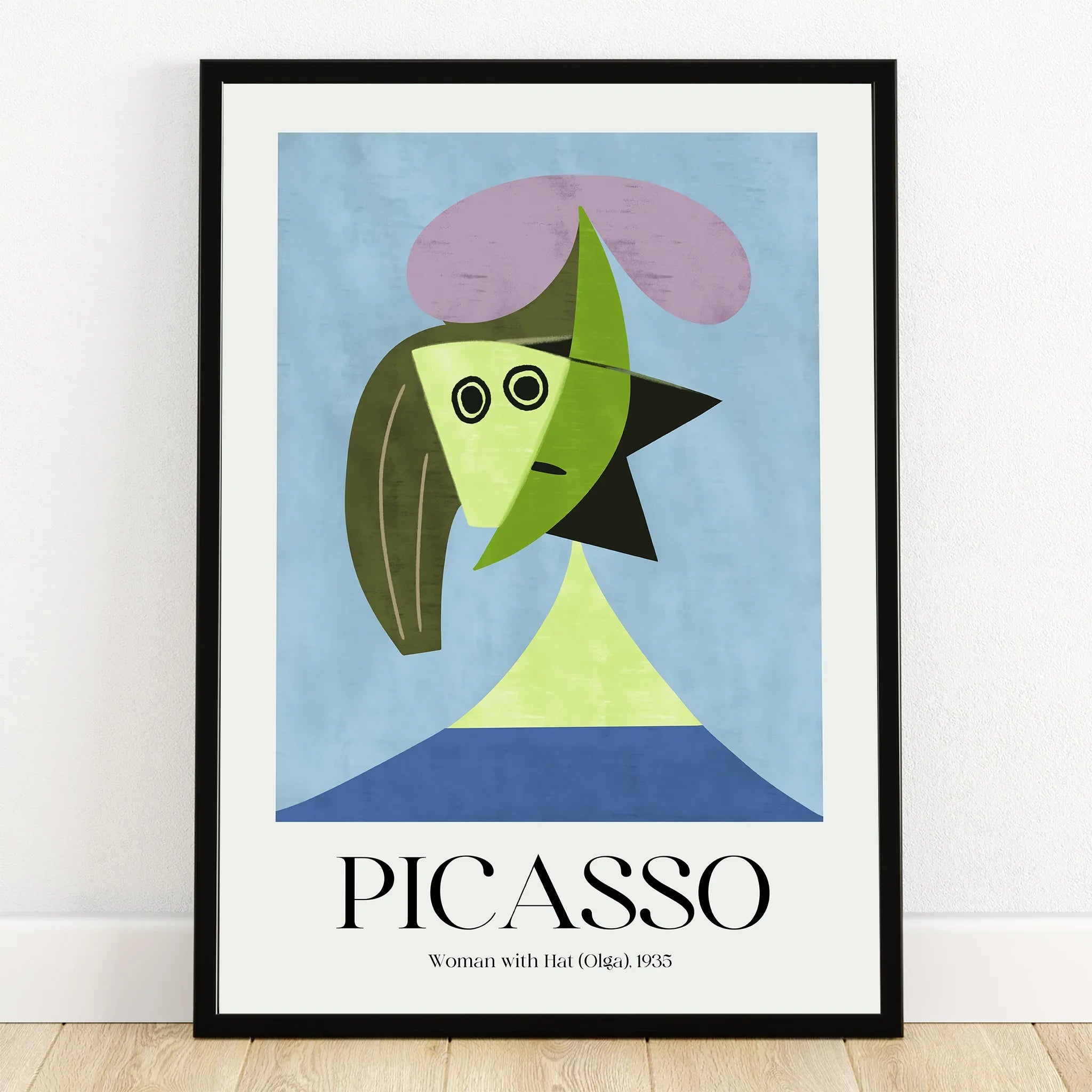 Framed Picasso Woman with Hat abstract art print against blue background for wall decor