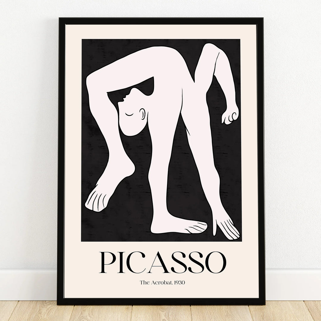 Minimalist Picasso-style acrobat art print in black frame, modern wall decor
