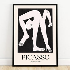 Minimalist Picasso-style acrobat art print in black frame, modern wall decor